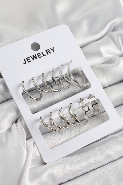 Pirinç Karışık Halka Model Gümüş Renk 6 çift Kadın Küpe Set Pirinç Karışık Halka Model Gümüş Renk 6 çift Kadın Küpe Set