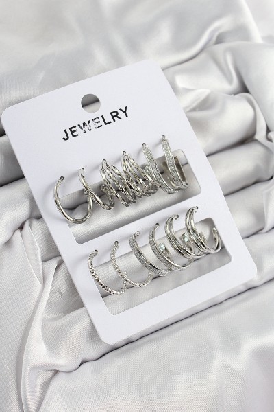 Pirinç Karışık Halka Model Gümüş Renk 6 çift Kadın Küpe Set Pirinç Karışık Halka Model Gümüş Renk 6 çift Kadın Küpe Set