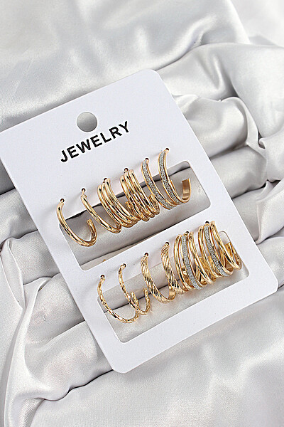 Pirinç Karışık Halka Model Gold Renk 6 çift Kadın Küpe Set Pirinç Karışık Halka Model Gold Renk 6 çift Kadın Küpe Set