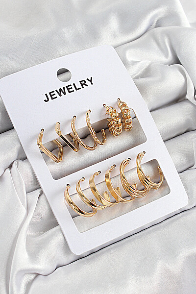 Pirinç Karışık Halka Model Gold Renk 6 çift Kadın Küpe Set Pirinç Karışık Halka Model Gold Renk 6 çift Kadın Küpe Set