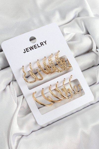 Pirinç Karışık Halka Model Gold Renk 6 çift Kadın Küpe Set Pirinç Karışık Halka Model Gold Renk 6 çift Kadın Küpe Set