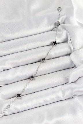 316l çelik Siyah Sedef Yonca Model Gümüş Renk Kadın Bileklik