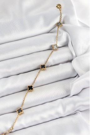 316l çelik Siyah Sedef Yonca Model Gold Renk Kadın Bileklik