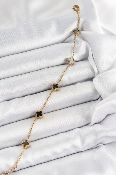 316l çelik Siyah Sedef Yonca Model Gold Renk Kadın Bileklik