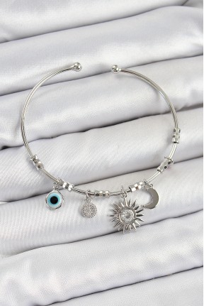 Pirinç Zirkon Taşlı Güneş Ay Ve Nazar Model Gümüş Renk Charm Bileklik