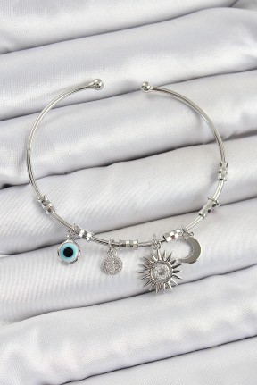 Pirinç Zirkon Taşlı Güneş Ay Ve Nazar Model Gümüş Renk Charm Bileklik