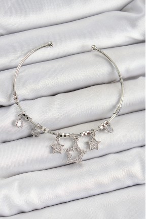 Pirinç Zirkon Taşlı Yıldız Model Gümüş Renk Charm Bileklik