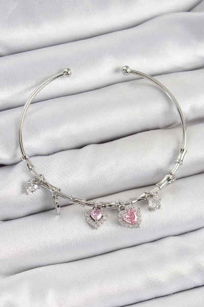 Pirinç Zirkon Taşlı Pembe Kalp Model Gümüş Renk Charm Bileklik Pirinç Zirkon Taşlı Pembe Kalp Model Gümüş Renk Charm Bileklik