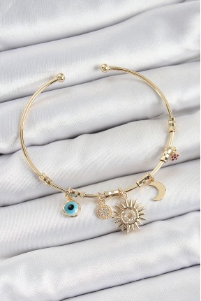 Pirinç Zirkon Taşlı Güneş Ay Nazar Model Gold Renk Charm Bileklik