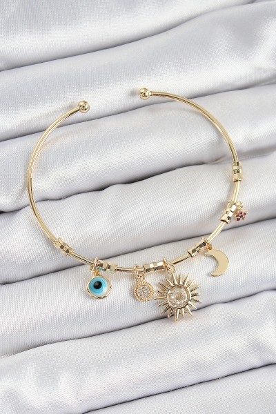 Pirinç Zirkon Taşlı Güneş Ay Nazar Model Gold Renk Charm Bileklik Pirinç Zirkon Taşlı Güneş Ay Nazar Model Gold Renk Charm Bileklik