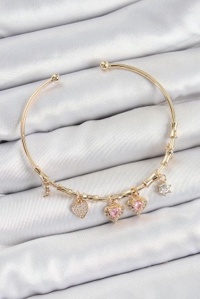 Pirinç Zirkon Taşlı Pembe Kalp Model Gold Renk Charm Bileklik
