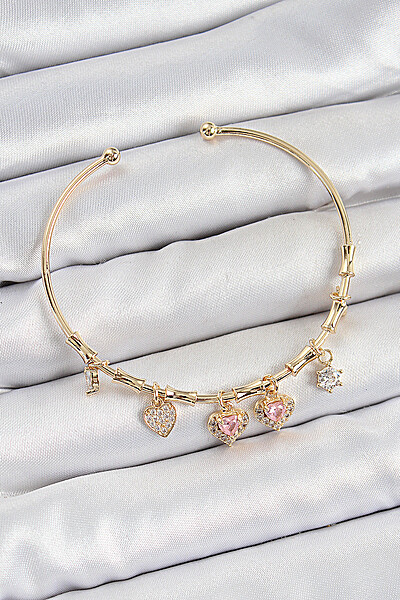 Pirinç Zirkon Taşlı Pembe Kalp Model Gold Renk Charm Bileklik Pirinç Zirkon Taşlı Pembe Kalp Model Gold Renk Charm Bileklik
