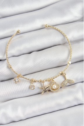 Pirinç Zirkon Taşlı İstiridye Ve Deniz Yıldızı Model Gold Renk Charm Bileklik Pirinç Zirkon Taşlı İstiridye Ve Deniz Yıldızı Model Gold Renk Charm Bileklik