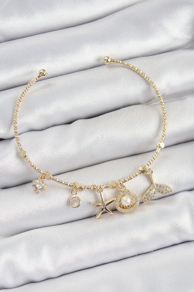 Pirinç Zirkon Taşlı İstiridye Ve Deniz Yıldızı Model Gold Renk Charm Bileklik Pirinç Zirkon Taşlı İstiridye Ve Deniz Yıldızı Model Gold Renk Charm Bileklik