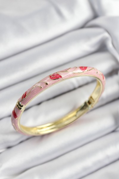Mineli Pirinç Kırmızı Ve Pembe Yaprak Motifli Gold Renk Kadın Kelepçe