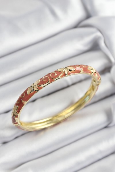 Mineli Pirinç Krem çiçek Motifli Gold Renk Kadın Kelepçe