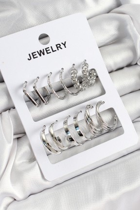 Pirinç Karışık Halka Model Gümüş Renk 6 çift Kadın Küpe Set Pirinç Karışık Halka Model Gümüş Renk 6 çift Kadın Küpe Set
