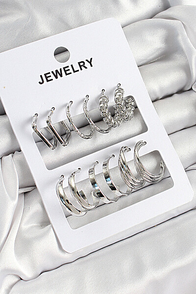 Pirinç Karışık Halka Model Gümüş Renk 6 çift Kadın Küpe Set Pirinç Karışık Halka Model Gümüş Renk 6 çift Kadın Küpe Set