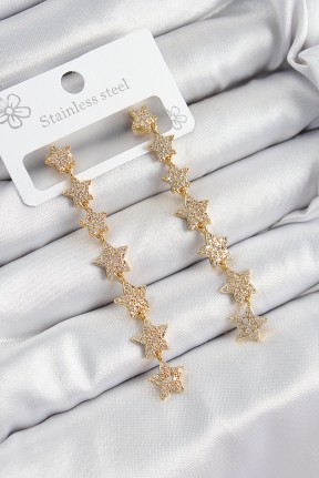 Pirinç Zirkon Taşlı Sallantılı Yıldız Model Gold Renk Kadın Küpe Pirinç Zirkon Taşlı Sallantılı Yıldız Model Gold Renk Kadın Küpe