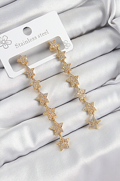 Pirinç Zirkon Taşlı Sallantılı Yıldız Model Gold Renk Kadın Küpe Pirinç Zirkon Taşlı Sallantılı Yıldız Model Gold Renk Kadın Küpe