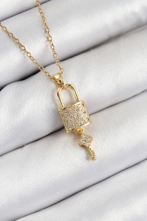 316l çelik Zirkon Taşlı Kilit Ve Sallantılı Anahtar Model Gold Renk Kadın Kolye 316l çelik Zirkon Taşlı Kilit Ve Sallantılı Anahtar Model Gold Renk Kadın Kolye