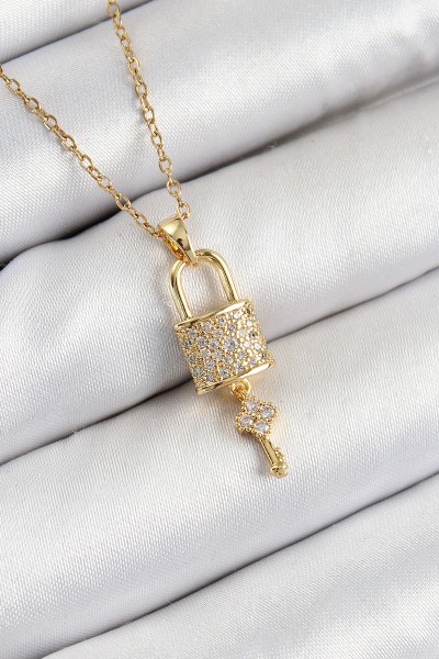 316l çelik Zirkon Taşlı Kilit Ve Sallantılı Anahtar Model Gold Renk Kadın Kolye