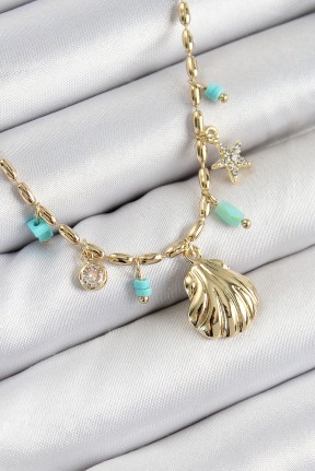 Pirinç Zirkon Taşlı Deniz Kabuğu Model Gold Renk Kadın Kolye Pirinç Zirkon Taşlı Deniz Kabuğu Model Gold Renk Kadın Kolye