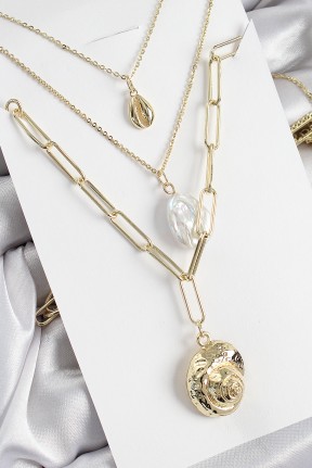 Pirinç çoklu Zincirli İncili Deniz Kabuğu Model Gold Renk Kadın Kolye Pirinç çoklu Zincirli İncili Deniz Kabuğu Model Gold Renk Kadın Kolye