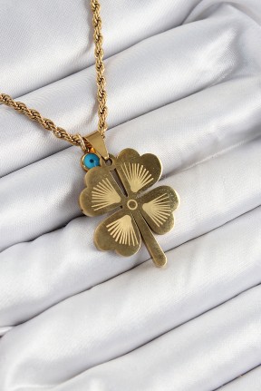 316l çelik Burgu Zincirli Nazar Detaylı Yonca Model Gold Renk Kadın Kolye 316l çelik Burgu Zincirli Nazar Detaylı Yonca Model Gold Renk Kadın Kolye