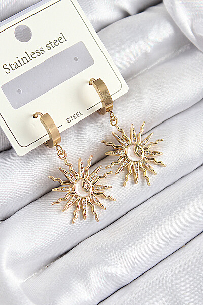 316l çelik Zirkon Taşlı Sallantılı Güneş Model Gold Renk Kadın Küpe 316l çelik Zirkon Taşlı Sallantılı Güneş Model Gold Renk Kadın Küpe