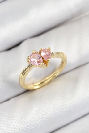 Pirinç Zirkon Taşlı Pembe Kalp Model Gold Renk Kadın Yüzük Pirinç Zirkon Taşlı Pembe Kalp Model Gold Renk Kadın Yüzük