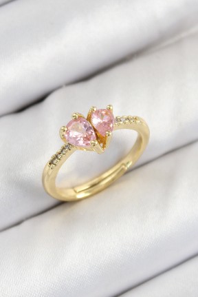 Pirinç Zirkon Taşlı Pembe Kalp Model Gold Renk Kadın Yüzük Pirinç Zirkon Taşlı Pembe Kalp Model Gold Renk Kadın Yüzük