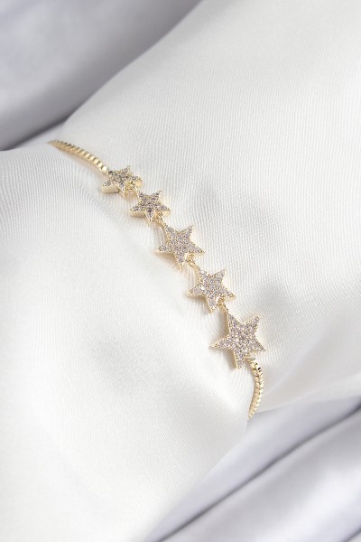 Pirinç Zirkon Taşlı Sıralı Yıldız Model Gold Renk Asansörlü Kadın Bileklik Pirinç Zirkon Taşlı Sıralı Yıldız Model Gold Renk Asansörlü Kadın Bileklik