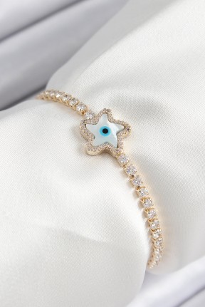 Pirinç Zirkon Taşlı Nazar Yıldız Model Gold Renk Asansörlü Kadın Bileklik Pirinç Zirkon Taşlı Nazar Yıldız Model Gold Renk Asansörlü Kadın Bileklik