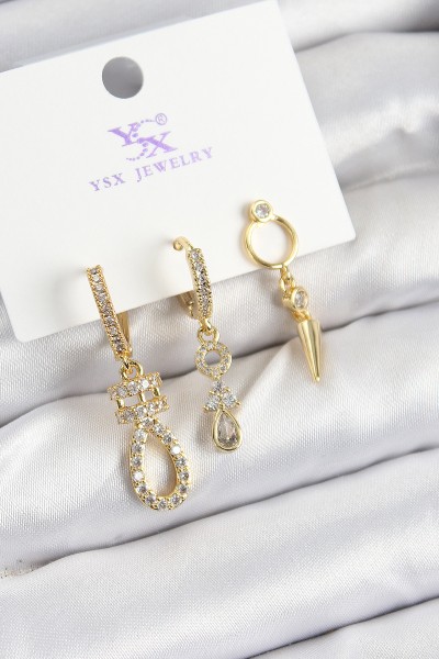 Pirinç Zi̇rkon Taşlı Sallantılı Model Gold Renk 3'lü Kadın Küpe Pirinç Zi̇rkon Taşlı Sallantılı Model Gold Renk 3'lü Kadın Küpe
