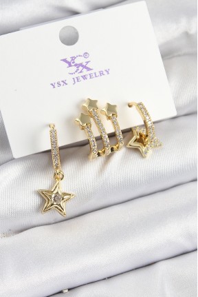 Pirinç Zi̇rkon Taşlı Sallantılı Yıldız Model Gold Renk 3'lü Kadın Küpe Pirinç Zi̇rkon Taşlı Sallantılı Yıldız Model Gold Renk 3'lü Kadın Küpe