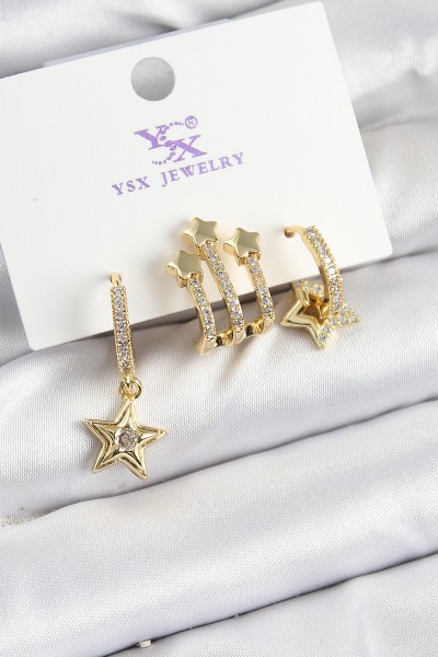 Pirinç Zi̇rkon Taşlı Sallantılı Yıldız Model Gold Renk 3'lü Kadın Küpe Pirinç Zi̇rkon Taşlı Sallantılı Yıldız Model Gold Renk 3'lü Kadın Küpe