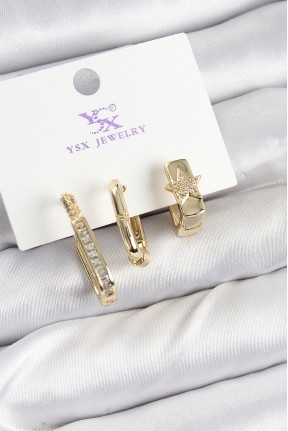 Pirinç Zi̇rkon Taşlı Yıldız Model Gold Renk 3'lü Kadın Küpe Pirinç Zi̇rkon Taşlı Yıldız Model Gold Renk 3'lü Kadın Küpe