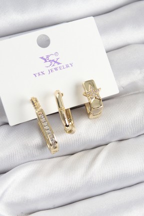 Pirinç Zi̇rkon Taşlı Yıldız Model Gold Renk 3'lü Kadın Küpe Pirinç Zi̇rkon Taşlı Yıldız Model Gold Renk 3'lü Kadın Küpe