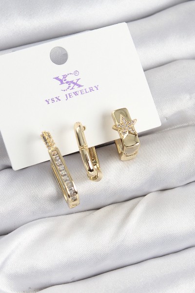 Pirinç Zi̇rkon Taşlı Yıldız Model Gold Renk 3'lü Kadın Küpe Pirinç Zi̇rkon Taşlı Yıldız Model Gold Renk 3'lü Kadın Küpe
