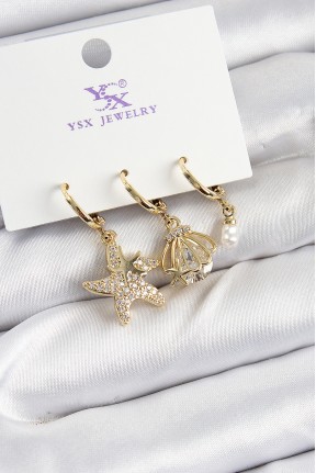 Pirinç Zi̇rkon Taşlı Deniz Yıldızı Ve İstiridye Model Gold Renk 3'lü Kadın Küpe Pirinç Zi̇rkon Taşlı Deniz Yıldızı Ve İstiridye Model Gold Renk 3'lü Kadın Küpe