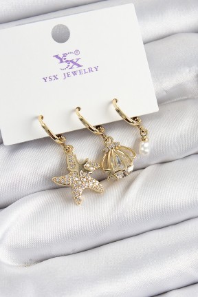 Pirinç Zi̇rkon Taşlı Deniz Yıldızı Ve İstiridye Model Gold Renk 3'lü Kadın Küpe Pirinç Zi̇rkon Taşlı Deniz Yıldızı Ve İstiridye Model Gold Renk 3'lü Kadın Küpe