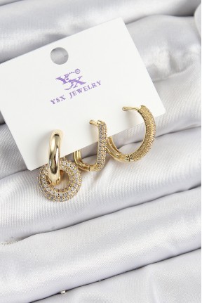 Pirinç Zi̇rkon Taşlı Halka Model Gold Renk 3'lü Kadın Küpe Pirinç Zi̇rkon Taşlı Halka Model Gold Renk 3'lü Kadın Küpe