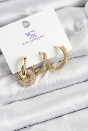 Pirinç Zi̇rkon Taşlı Halka Model Gold Renk 3'lü Kadın Küpe Pirinç Zi̇rkon Taşlı Halka Model Gold Renk 3'lü Kadın Küpe
