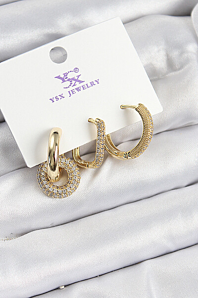 Pirinç Zi̇rkon Taşlı Halka Model Gold Renk 3'lü Kadın Küpe Pirinç Zi̇rkon Taşlı Halka Model Gold Renk 3'lü Kadın Küpe