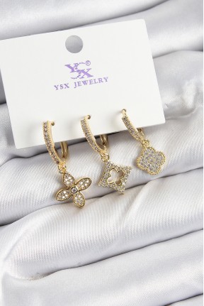 Pirinç Zi̇rkon Taşlı Yonca Model Gold Renk 3'lü Kadın Küpe Pirinç Zi̇rkon Taşlı Yonca Model Gold Renk 3'lü Kadın Küpe