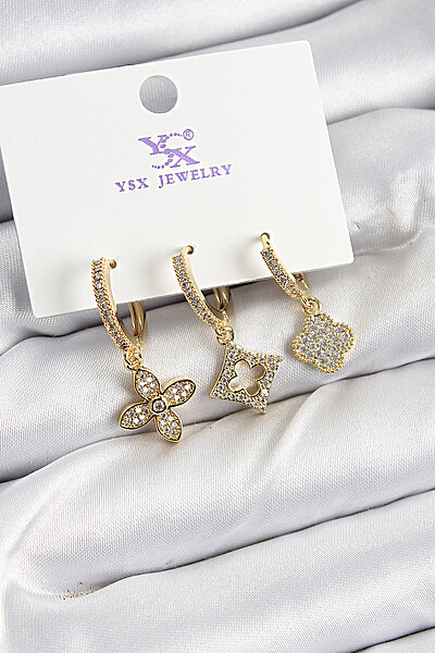 Pirinç Zi̇rkon Taşlı Yonca Model Gold Renk 3'lü Kadın Küpe Pirinç Zi̇rkon Taşlı Yonca Model Gold Renk 3'lü Kadın Küpe