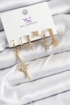 Pirinç Zi̇rkon Taşlı Kutup Yıldızı Model Gold Renk 3'lü çift Kadın Küpe Pirinç Zi̇rkon Taşlı Kutup Yıldızı Model Gold Renk 3'lü çift Kadın Küpe