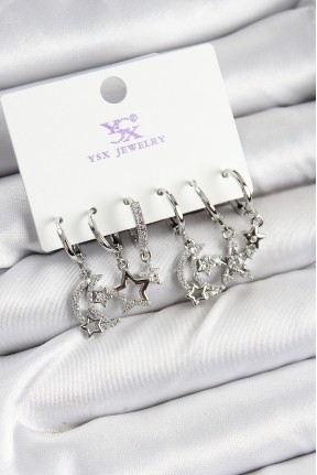 Pirinç Zi̇rkon Taşlı Ay Ve Yıldız Model Gümüş Renk 3'lü çift Kadın Küpe Pirinç Zi̇rkon Taşlı Ay Ve Yıldız Model Gümüş Renk 3'lü çift Kadın Küpe
