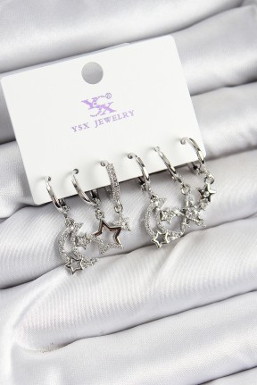 Pirinç Zi̇rkon Taşlı Ay Ve Yıldız Model Gümüş Renk 3'lü çift Kadın Küpe Pirinç Zi̇rkon Taşlı Ay Ve Yıldız Model Gümüş Renk 3'lü çift Kadın Küpe
